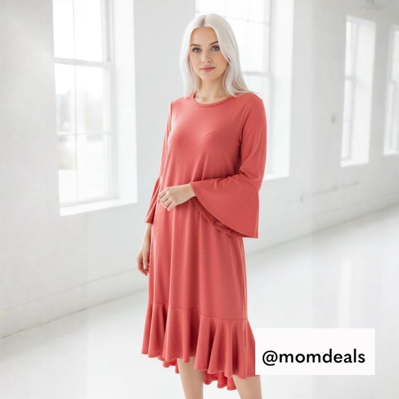 LuLaRoe Dresses & Skirts - LulaRoe Maurine Dress Long Sleeve 3/4 Bell Sleeve Ruffle Hem Line Red 8-10 M